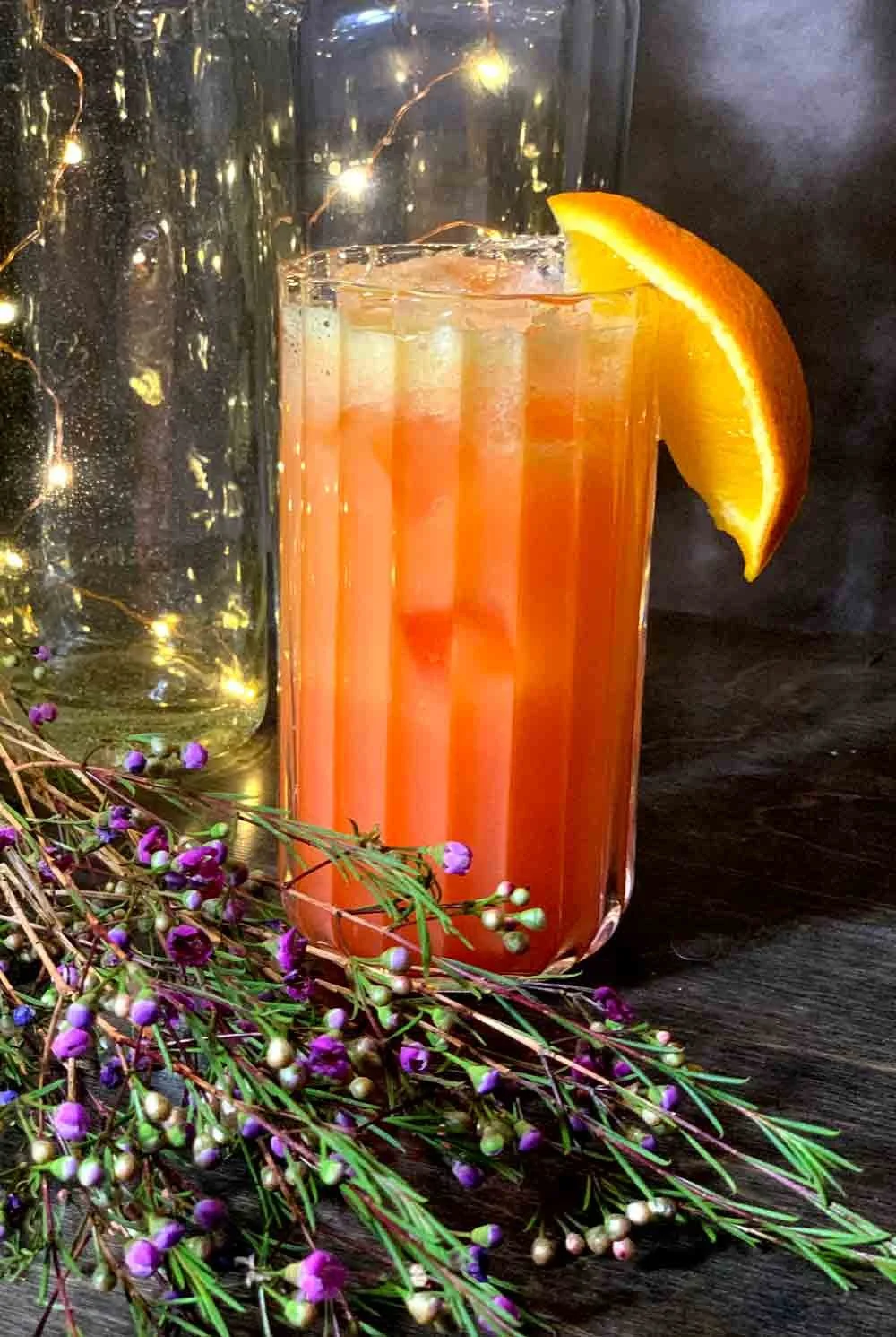 A glass of iced orange-colored beverage garnished with a slice of orange, surrounded by purple and green plants on a dark surface.