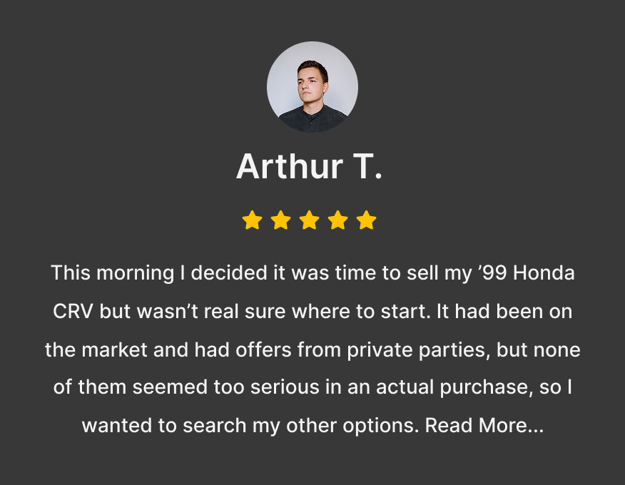 Testimonial profile with a man in a suit, with the name Cheryl Brooks, a four-star rating, and a quote about selling her car for cash.