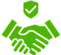 Icon of two green hands shaking with a green shield above them