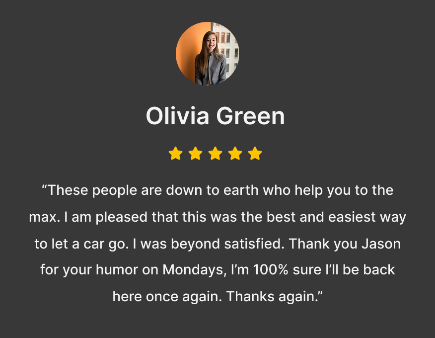 Customer review for Amanda Ruiz praising quick service and cash in hand, with a five-star rating.