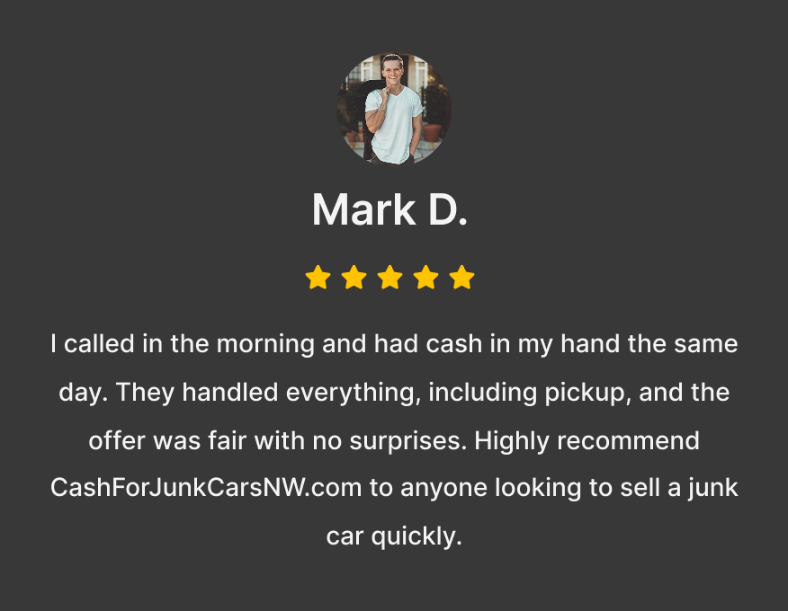 Customer review for a junk car service by Jose Martinez with a five-star rating, including a photo of a woman with dark hair tied up, smiling, on a dark background