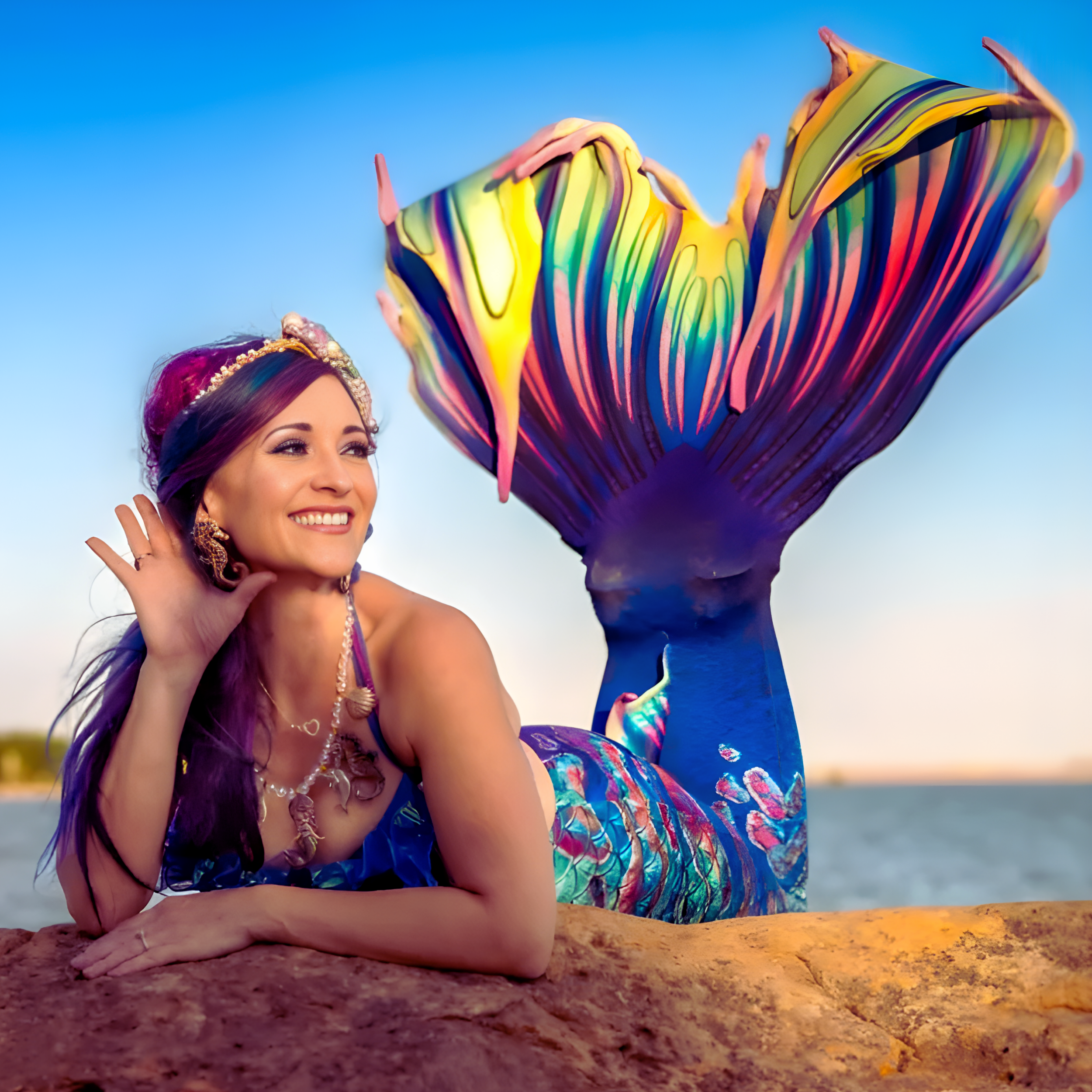 A woman dressed as a mermaid with a colorful tail, lying on a rock near water, smiling at the camera, with a clear sunset or sunrise sky in the background.