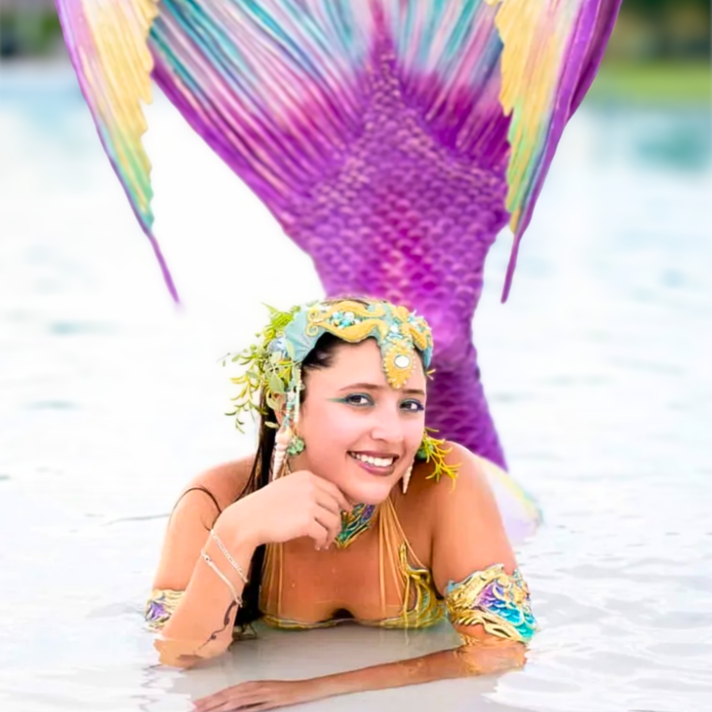A woman dressed as a mermaid with a purple tail, lying in water, smiling at the camera.
