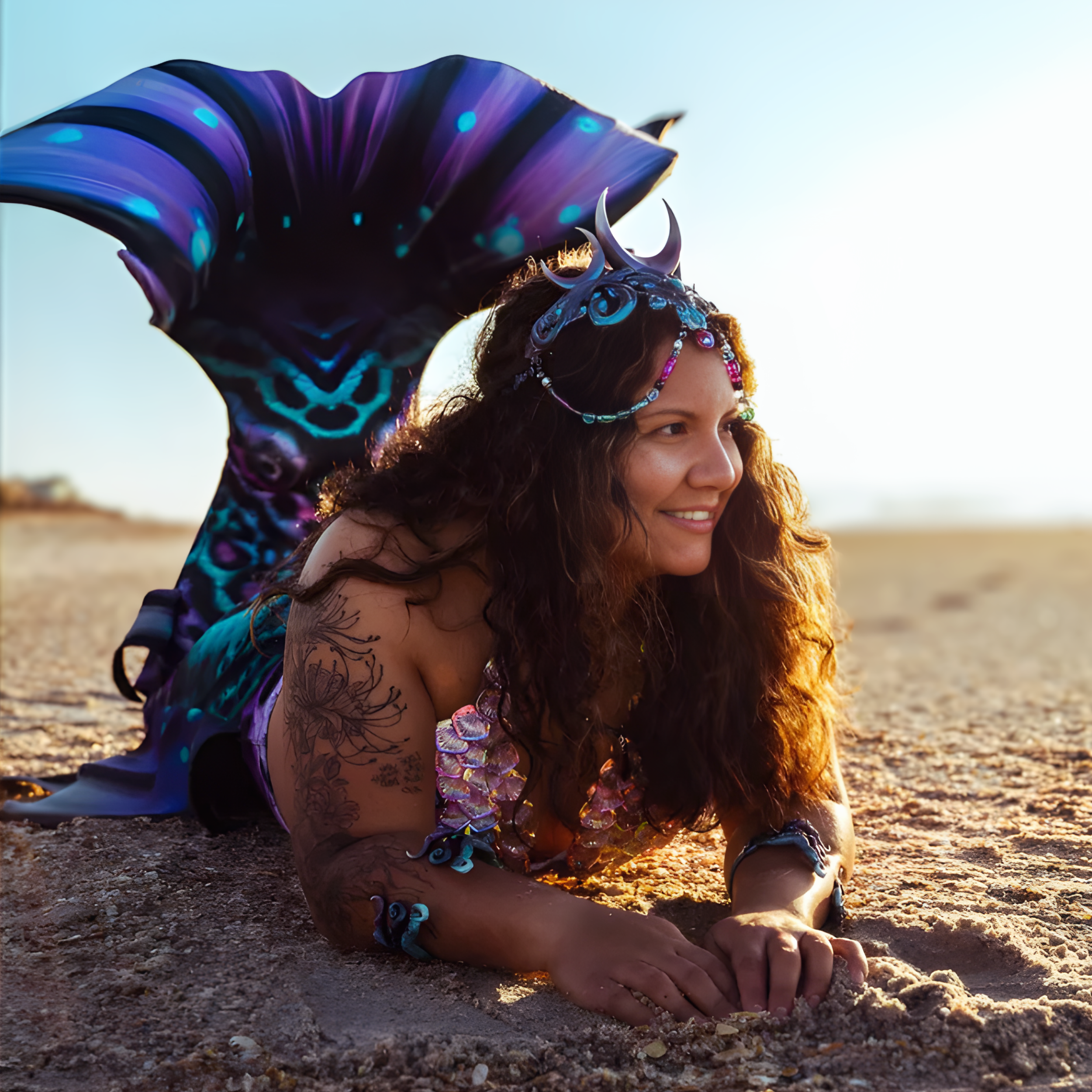 A woman dressed as a mermaid with a colorful tail, decorative accessories, and tattoos, lying on her stomach on sandy ground during sunset, smiling