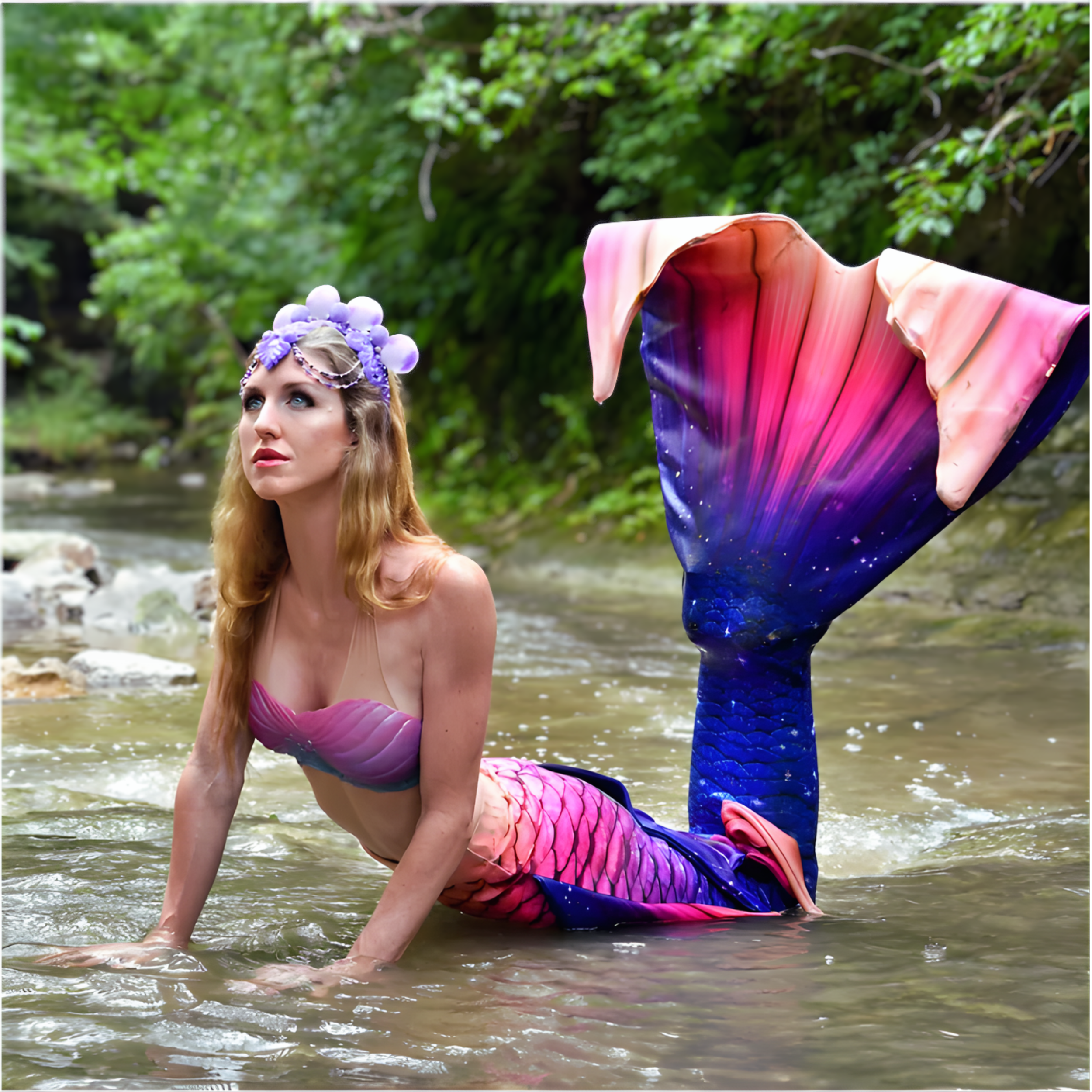 A woman dressed as a mermaid with a purple and pink tail, wearing a shell top, and a headpiece made of purple beads, sitting in a shallow river with green trees in the background.