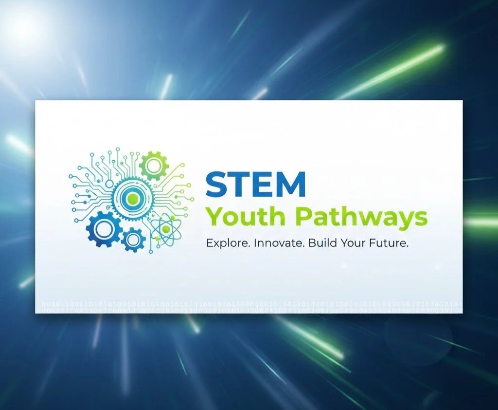 Title slide for STEM Youth Pathways with gears and circuit patterns, and the tagline 'Explore. Innovate. Build Your Future.'