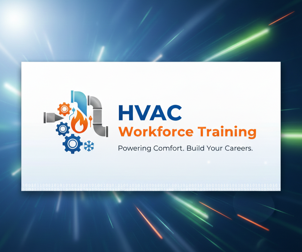 HVAC Workforce Training program promotional graphic with icons of pipes, flames, and gears, and tagline 'Powering Comfort. Build Your Careers.'