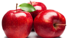 Two red apples with green leaves
