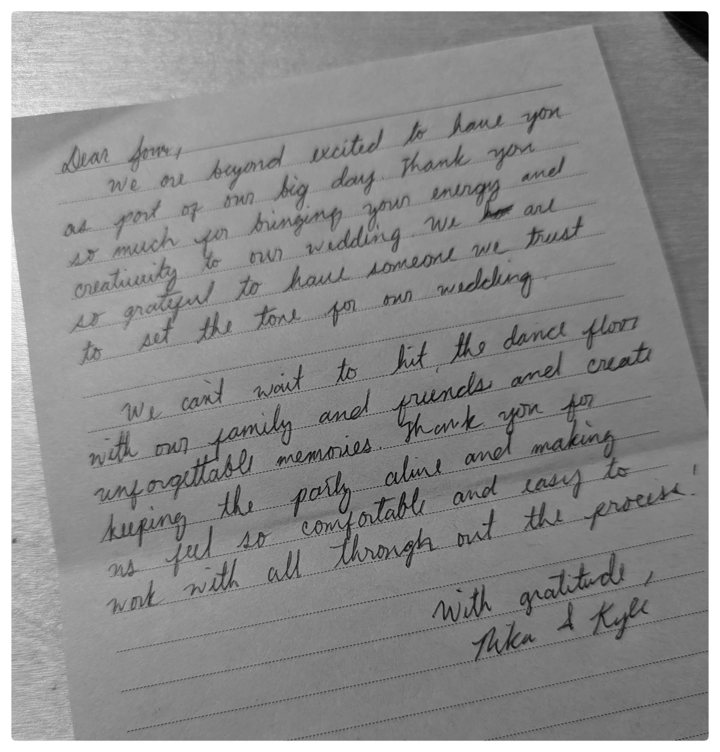A handwritten letter on lined paper describing feelings of gratitude and love, likely written for a wedding or special occasion.