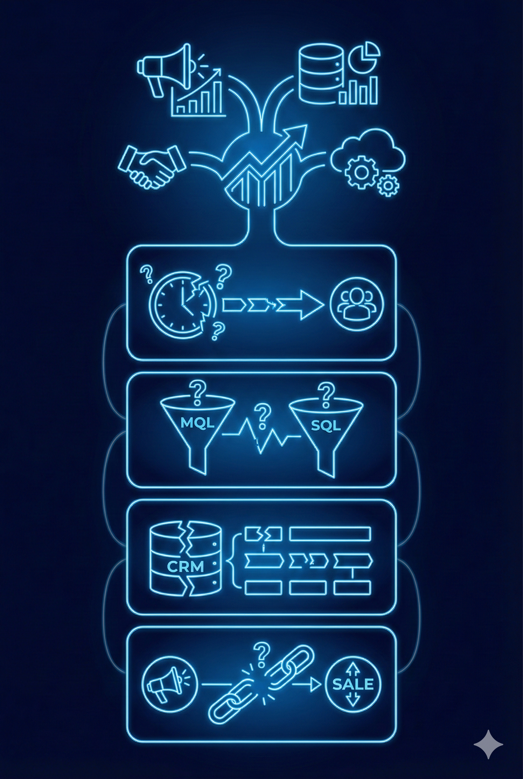 Ilustración en neón de un diagrama de procesos de marketing y ventas, con iconos de gráfico, datos, engranajes, tazas de filtros, CRM, enlaces y señales de venta.
