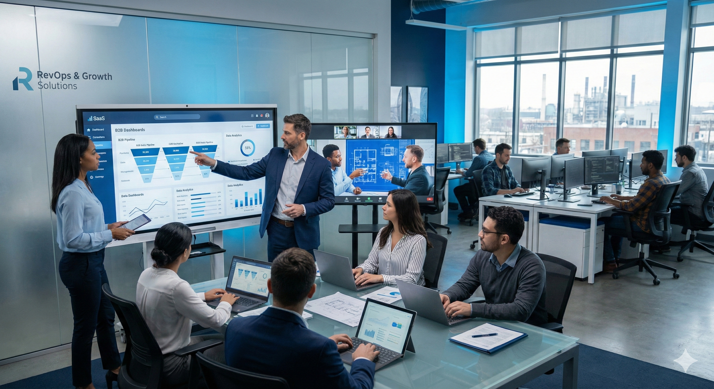 Reunión de trabajo en oficina moderna con varias personas, una de ellas presentando datos en pantalla grande, mientras otros trabajan en computadoras.