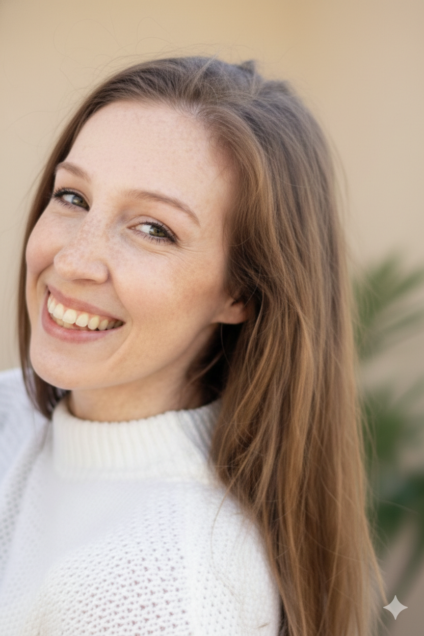 Close-up portrait of a young woman with long, light brown hair, smiling and looking at the camera, wearing a white knit sweater.