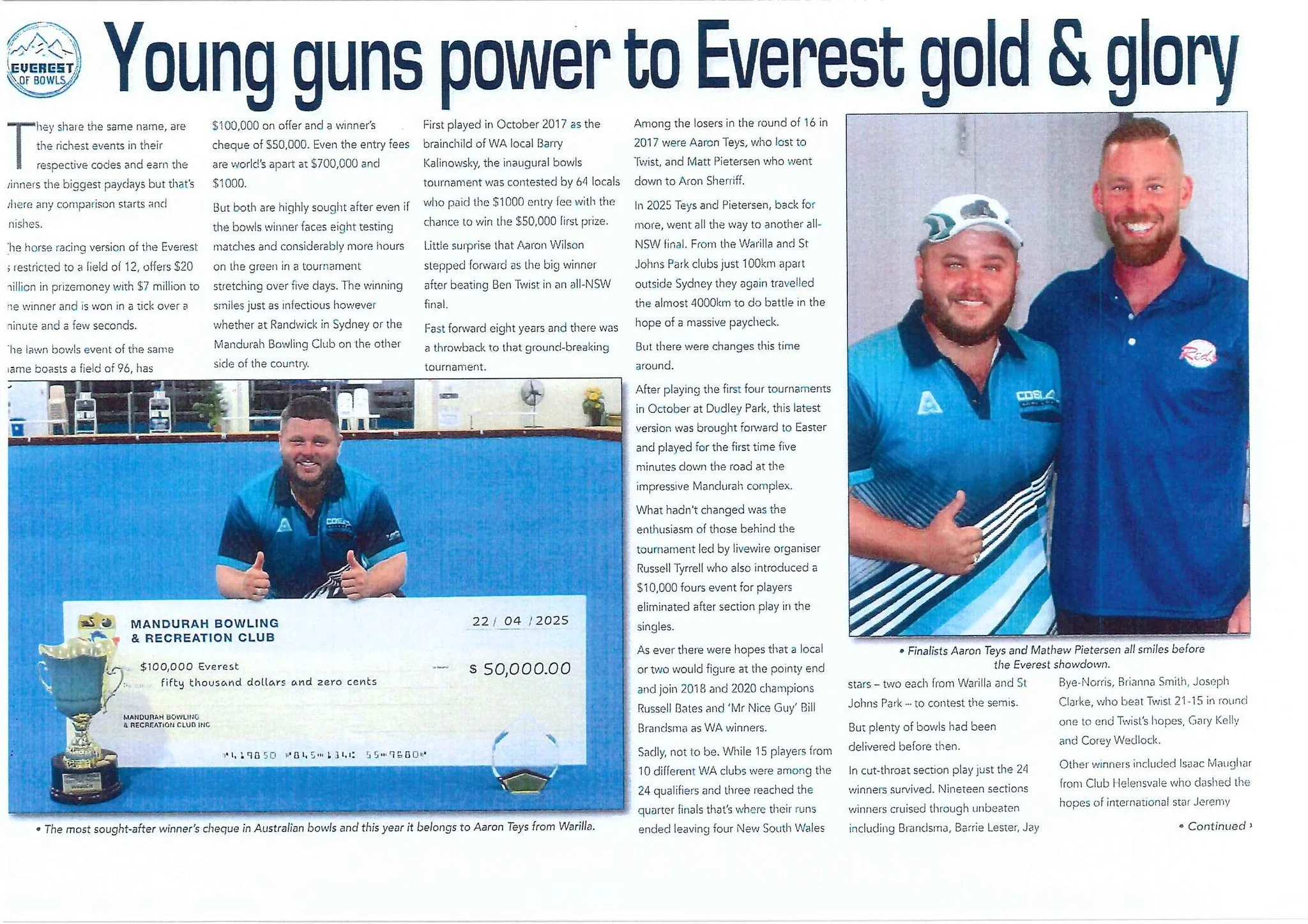 Newspaper article titled 'Young guns power to Everest gold & glory,' featuring two men in blue bowling shirts, one giving a thumbs up. A large ceremonial check for $50,000 dated April 22, 2025, is shown. The article discusses a bowling tournament, winners, and event details.