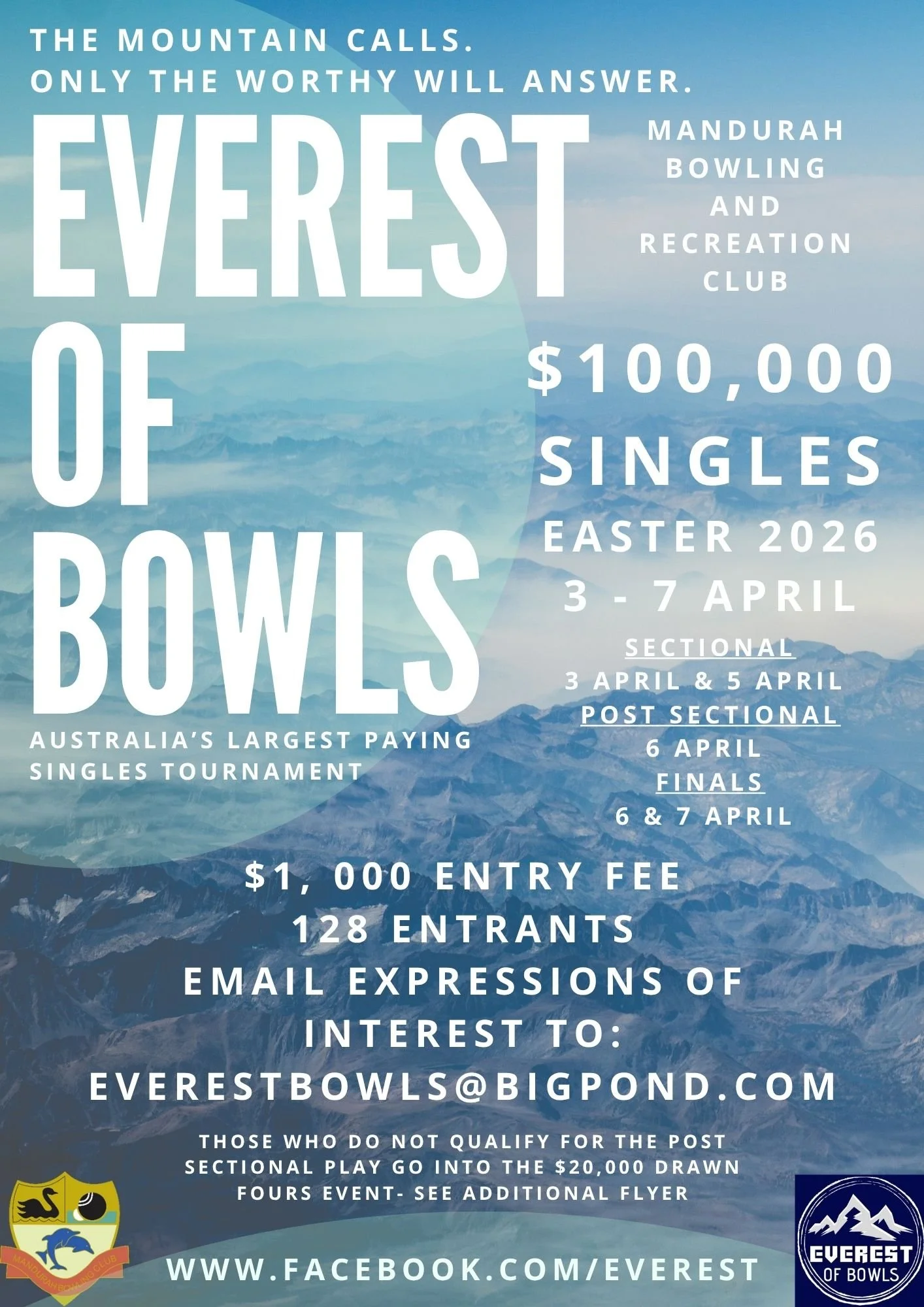 Flyer for Everest of Bowls singles tournament, featuring mountain landscape background and event details, including date, location, entry fee, and contact information.