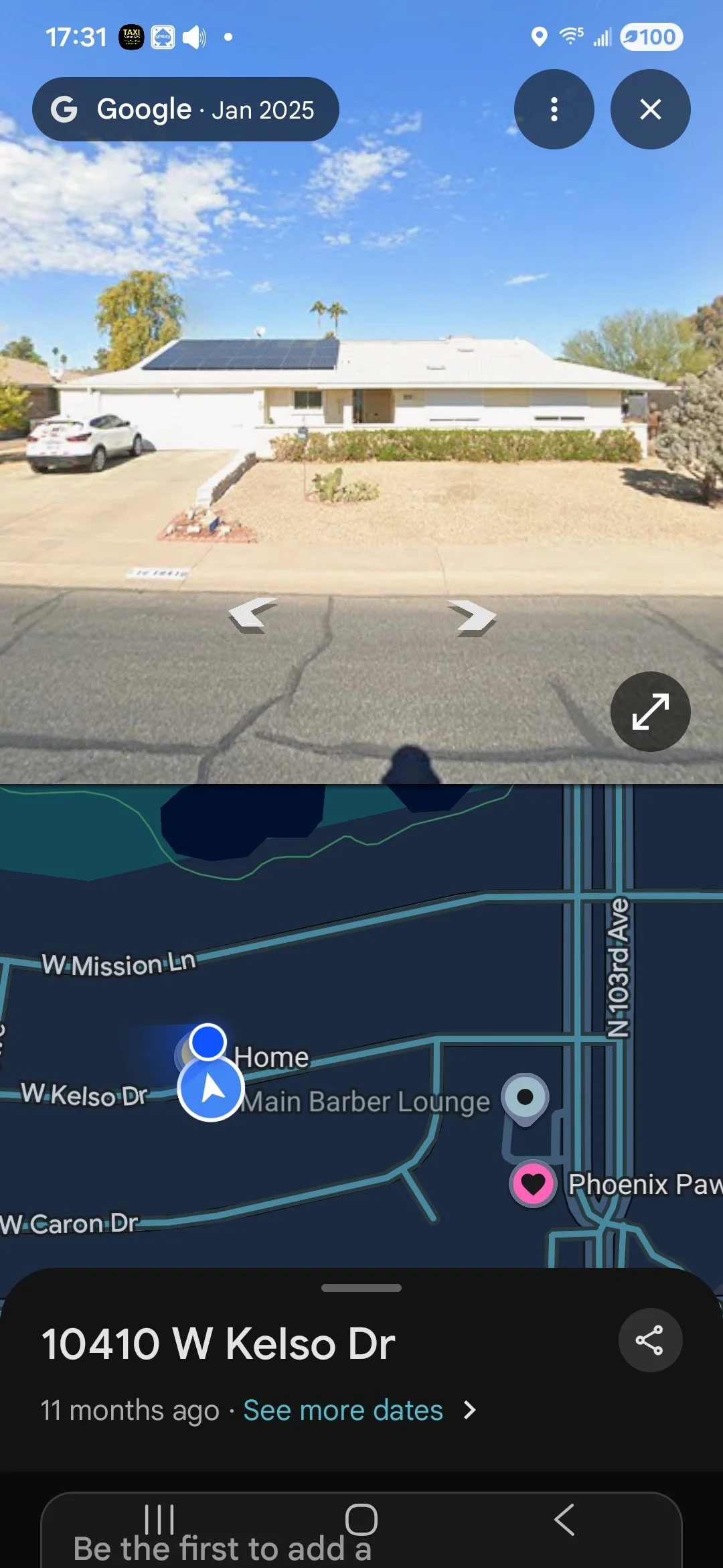 Front view of a house with solar panels on the roof, driveway with parked car, and desert landscaping. The house is located at 10410 W Kelso Dr, as shown on a map.