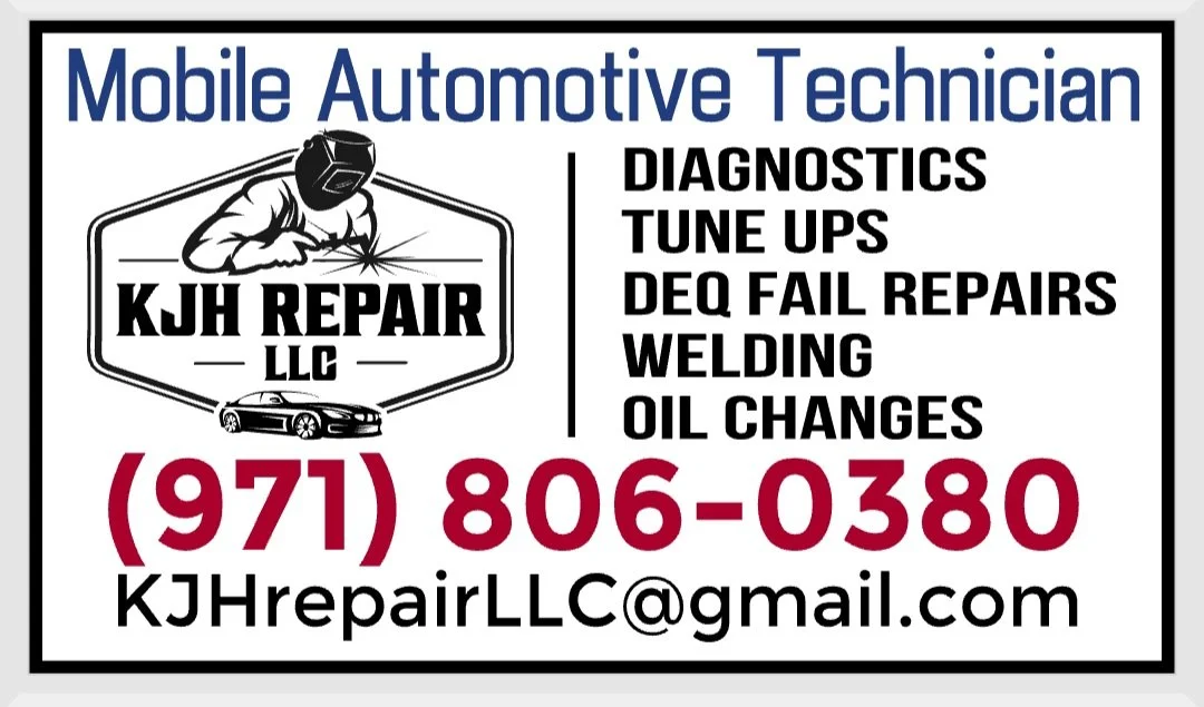 Business card for KJH Repair LLC offering mobile automotive repair services including diagnostics, tune ups, DEQ fail repairs, welding, and oil changes, with contact number (971) 806-0380 and email KJHrepairLLC@gmail.com.