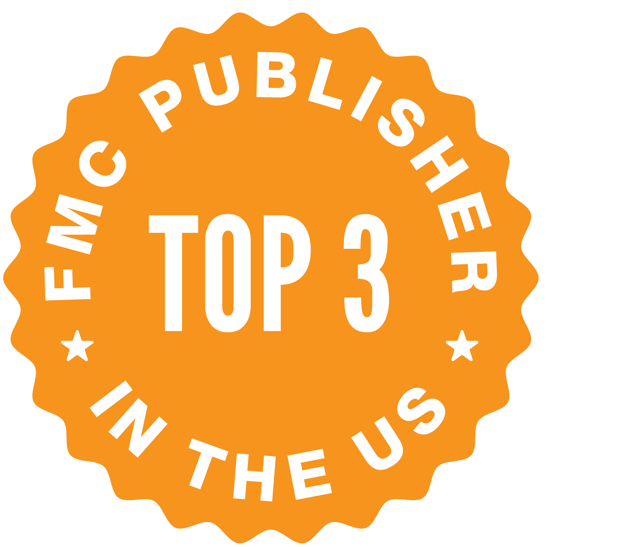 Orange badge with "FMC Publisher Top 3 in the US" text