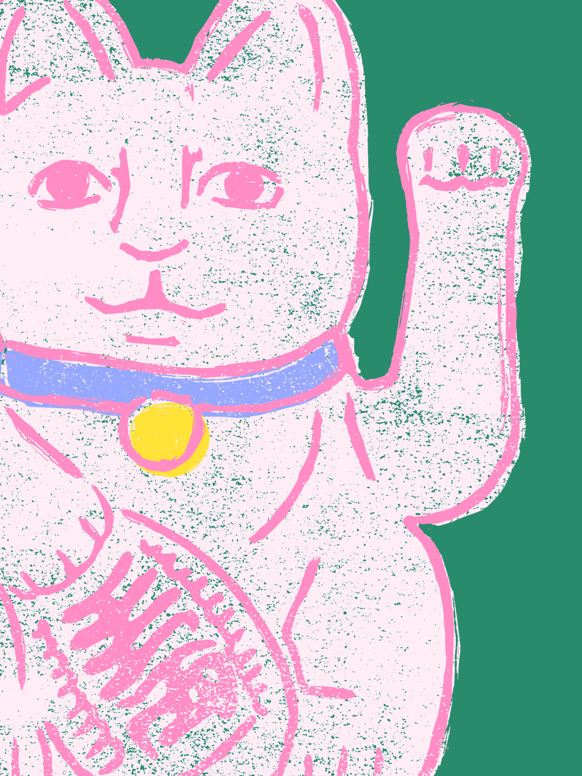 Eine chinesische Glückskatze mit erhobener linker Pfote, um die typische Winkbewegung darzustellen. Die Katze ist im Stil eines Linoldrucks gestaltet, mit weißer Fläche, Blauen und Gelben Details und Pinken Konturen. Der Hintergrund ist satt Grün.