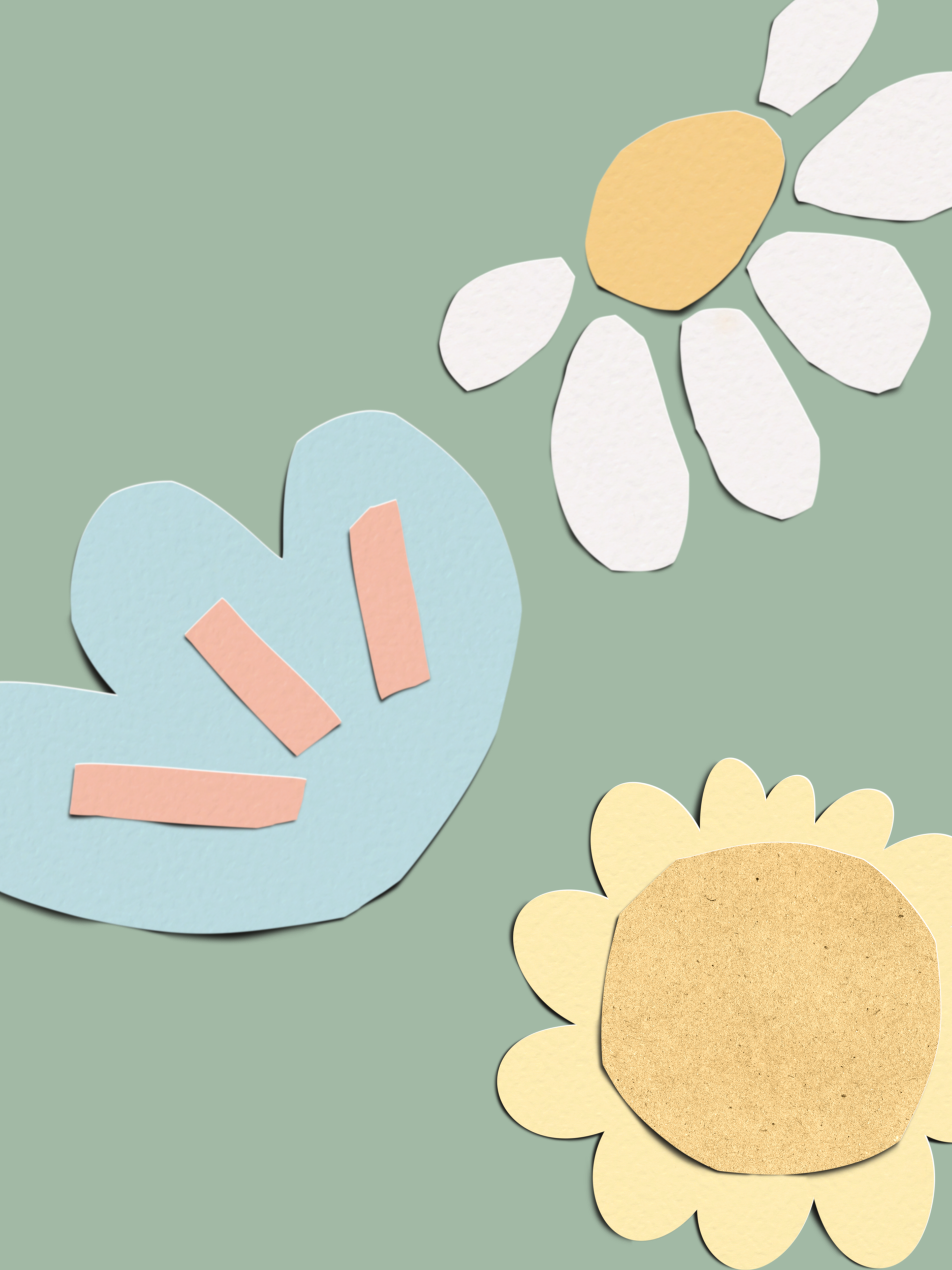 Papierblumen und Schmetterlinge in freundlichen hellen Farben auf grünem Hintergrund im Papercut Stil.