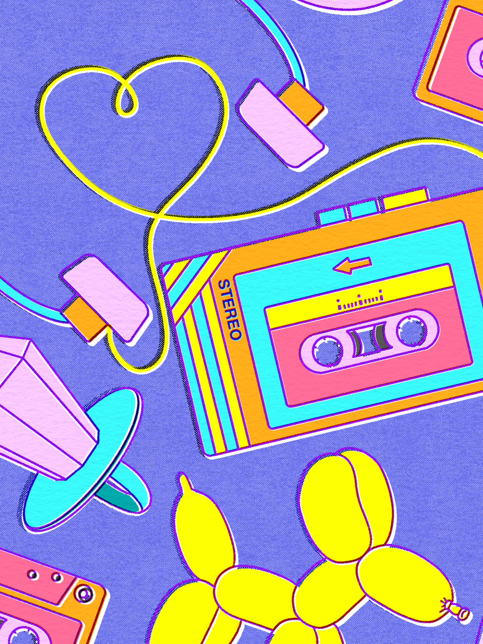 Illustration mit typischen 90er Jahre Elementen wie Walkman, Diamantring- Lolly, Kassetten, Kaugummistreifen und Luftballon-Dackel im Stil eines Risographdrucks.
