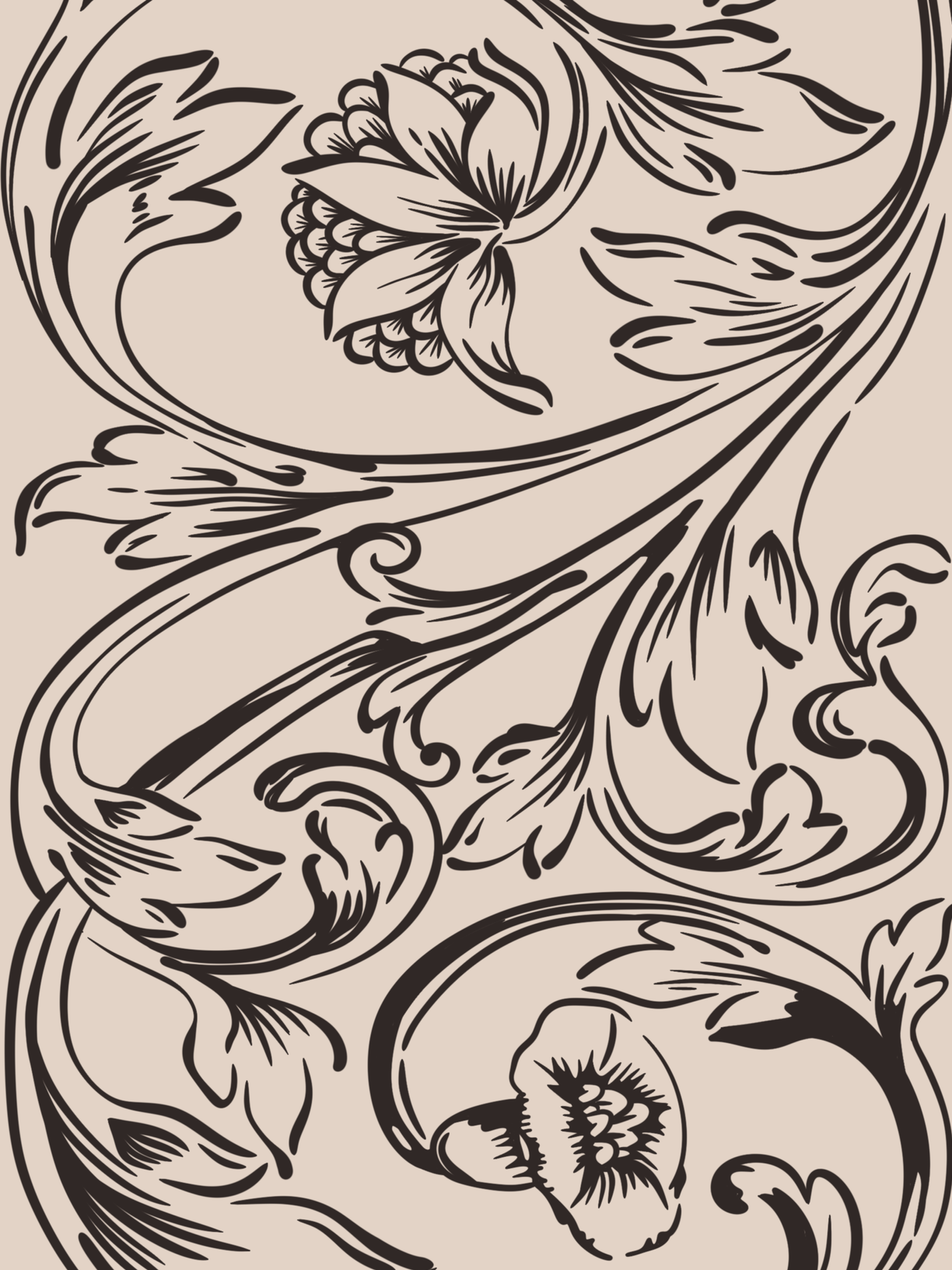 Schwarz-weiß blumengemustertes Muster auf beigem Hintergrund.