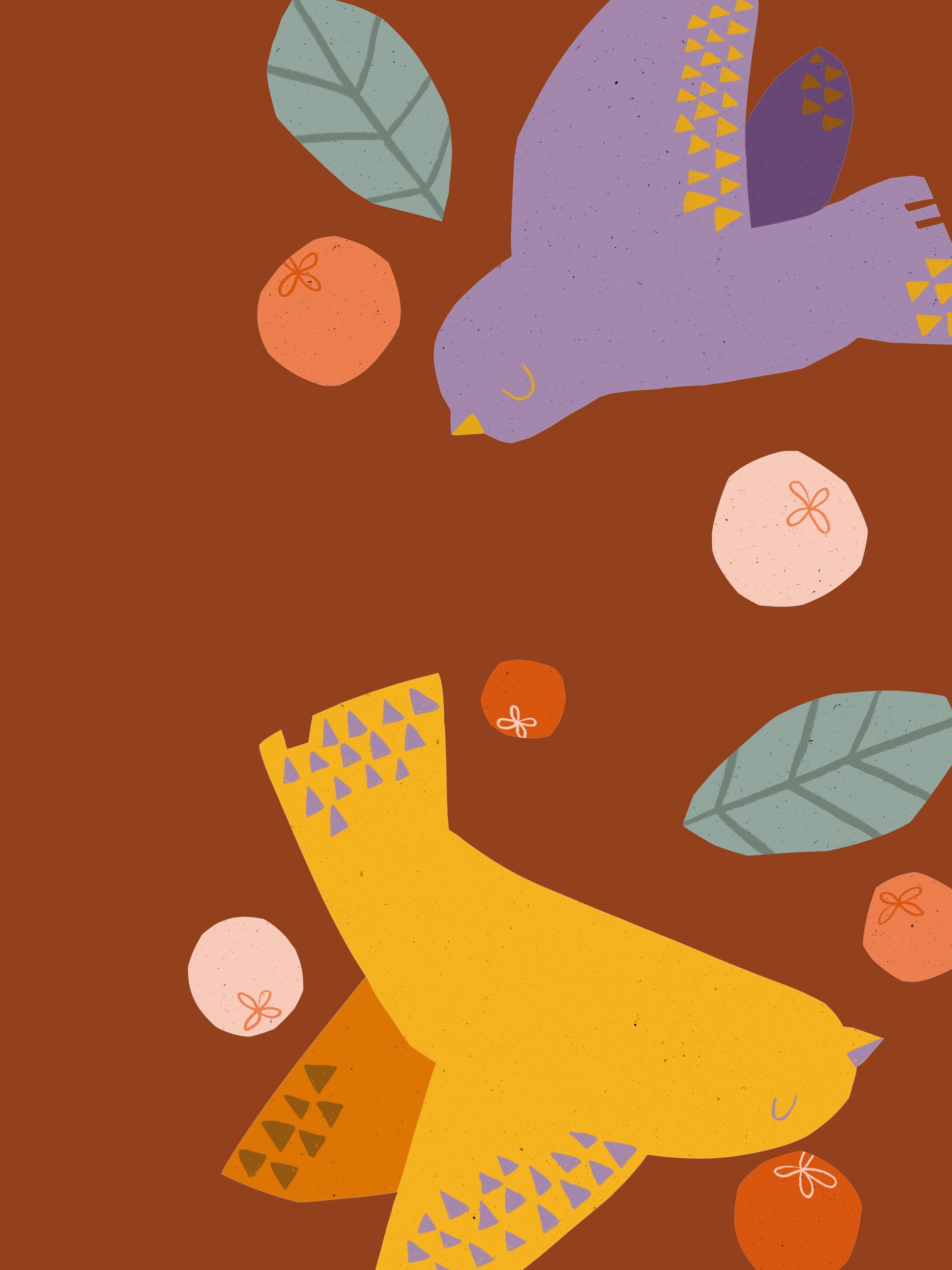 Eine stilisierte Illustration eines Vogels, der auf der Erde sitzt, umgeben von Äpfeln und Blättern.