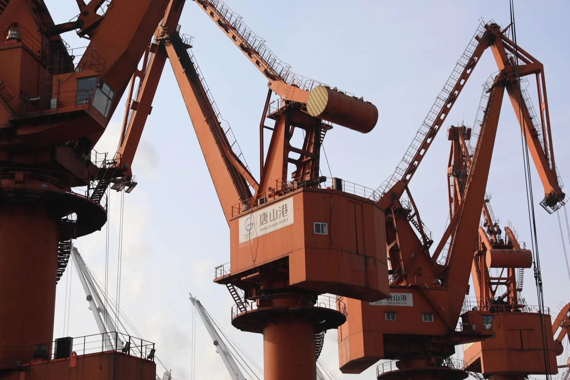 Several large orange industrial cranes are lined up at a port, with a clear blue sky in the background.