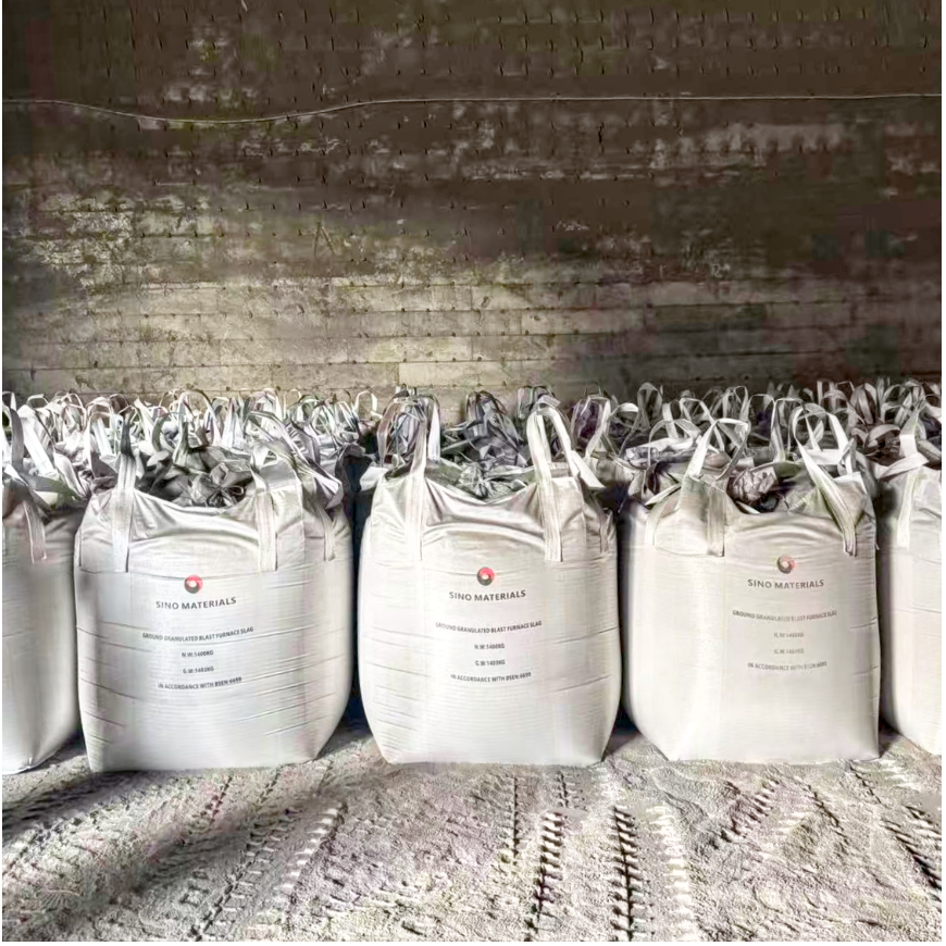 A row of large white bags of ground granulated blast furnace slag standing against a brick wall in a storage area.