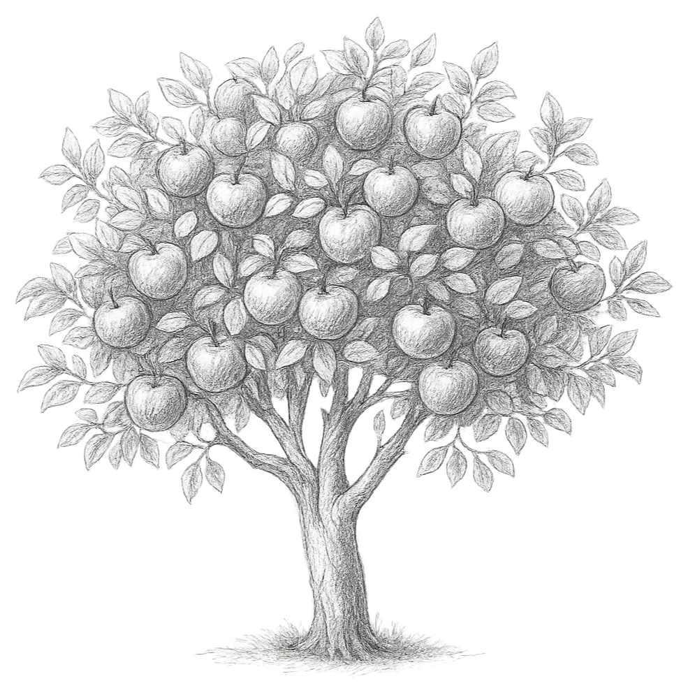 A detailed black and white sketch of an apple tree with many apples and leaves.