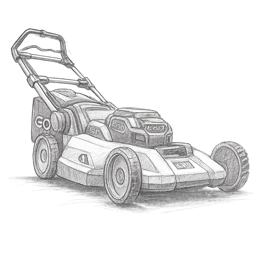 A detailed pencil sketch of a ride-on lawn mower with large rear wheels, a protective handle, and a seat.