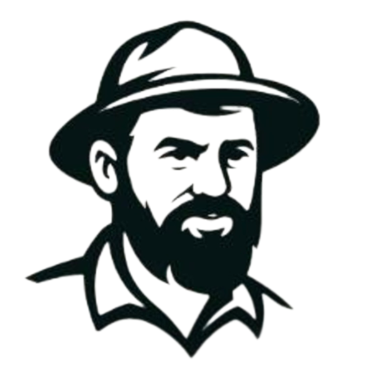 A black and white illustration of a man with a beard, wearing a wide-brimmed hat and outdoor clothing.