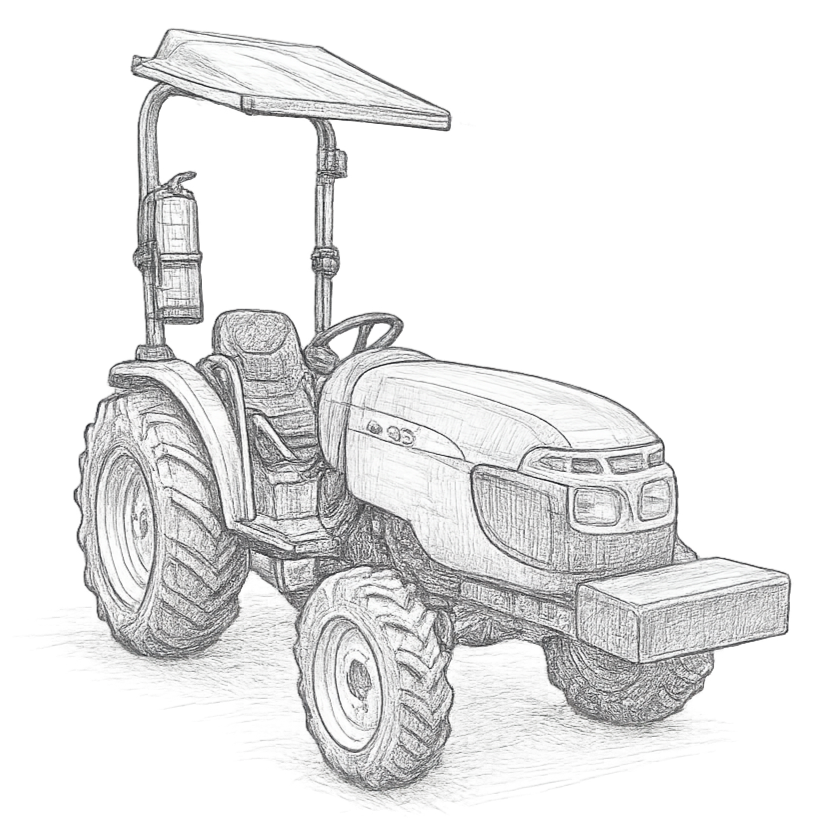 A detailed pencil sketch of a tractor with large rear tires, a protected seat, and an overhead canopy, sitting on a patch of ground.