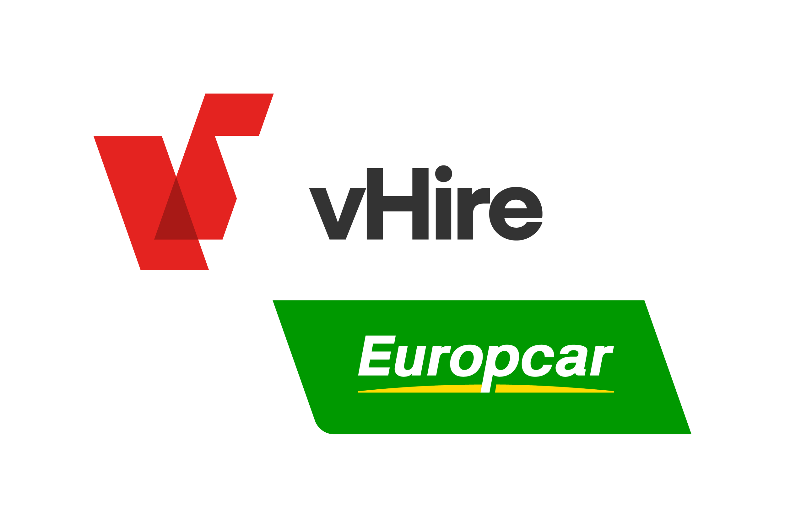 VHire logo with red geometric design, black and white text, and partnership with Europcar logo in green and yellow.
