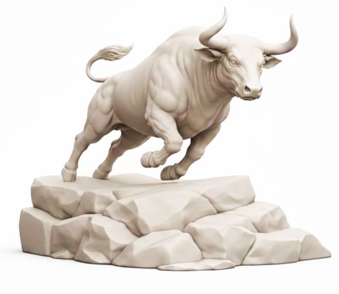Marmorskulptur eines bockenden Stiers auf felsigem Untergrund