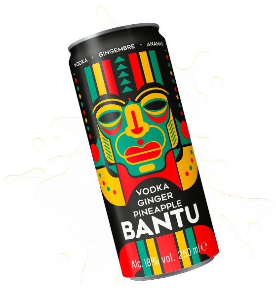 Canette de boisson alcoolisée 'Bantu' aux saveurs de vodka, gingembre et ananas, avec un design coloré et artistique représentant un masque tribal africain.