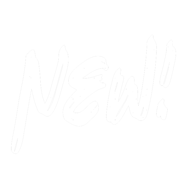 Texte écrit « NEW! » en style gras blanc sur fond noir.