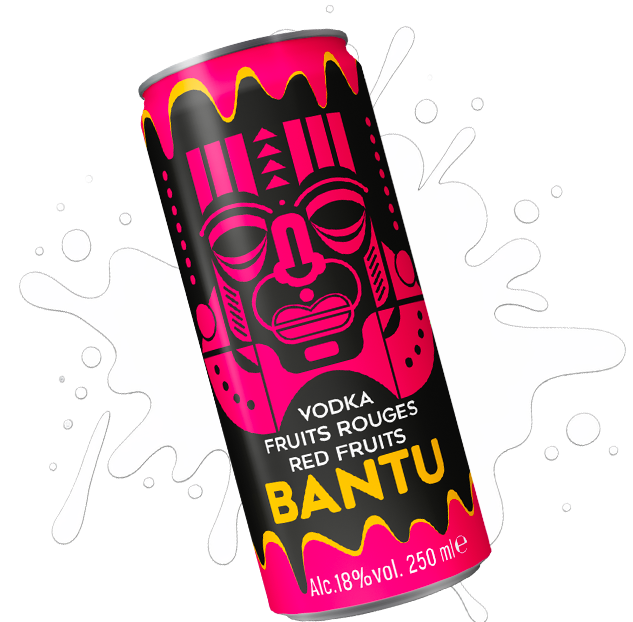 Canette de vodka aromatisée aux fruits rouges avec un design coloré et un tonton tiki stylisé en noir et rose, dégustée dans un fond noir avec une éclaboussure blanche.