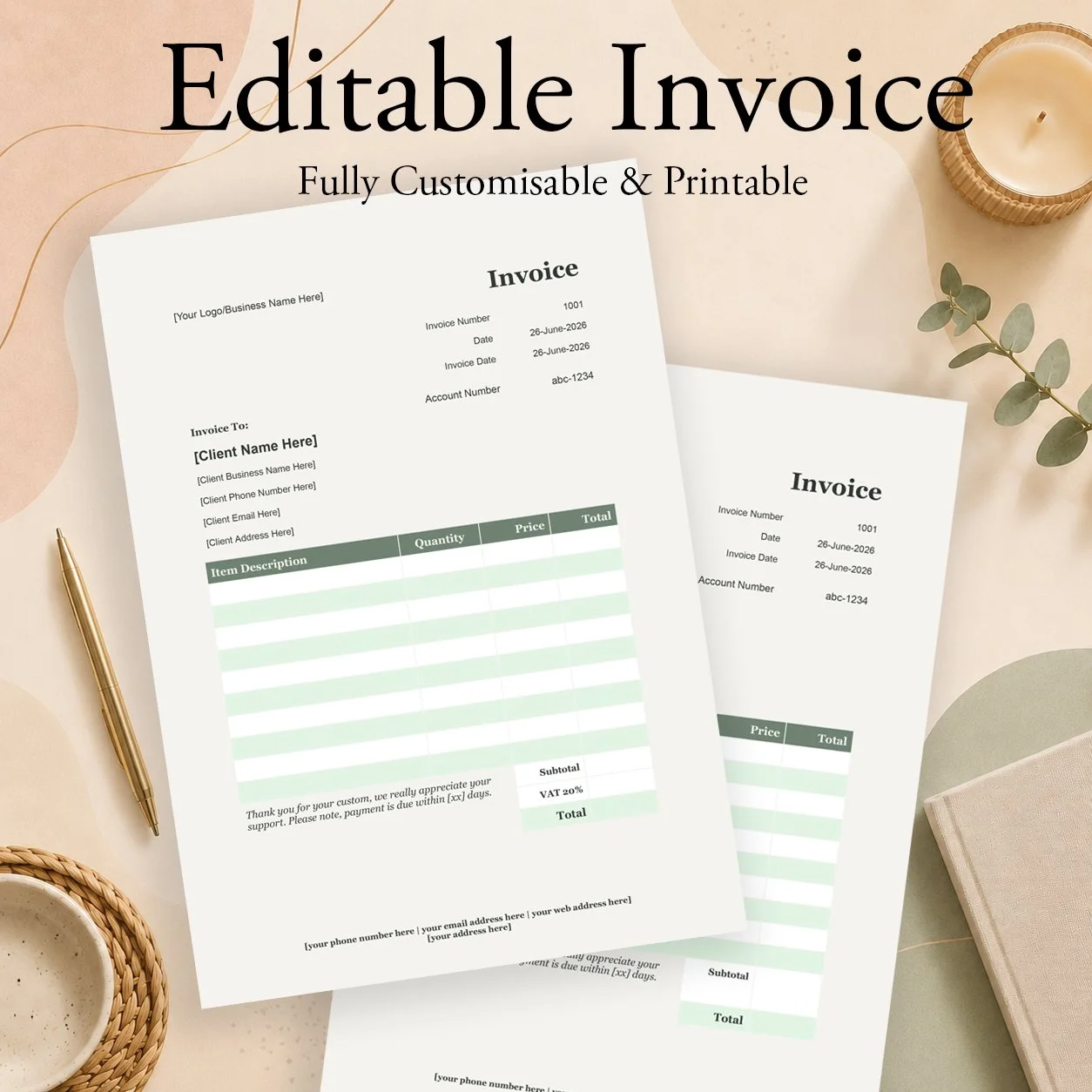 Sole Trader Invoice Template - Botanical Green