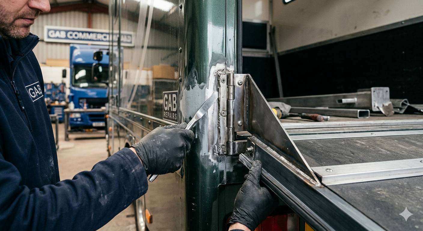 A worker wearing gloves repairs a vehicle trailer, using a tool on the hinge.
