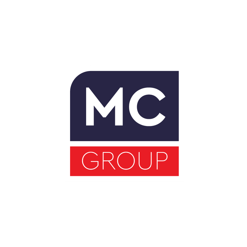Logo with a dark blue rectangle containing the white letters 'MC' and a red rectangle below with the white word 'GROUP'.