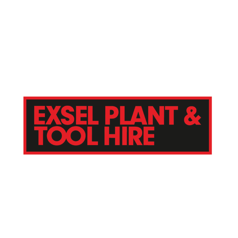 Sign for Exsel Plant & Tool Hire with black background and red text