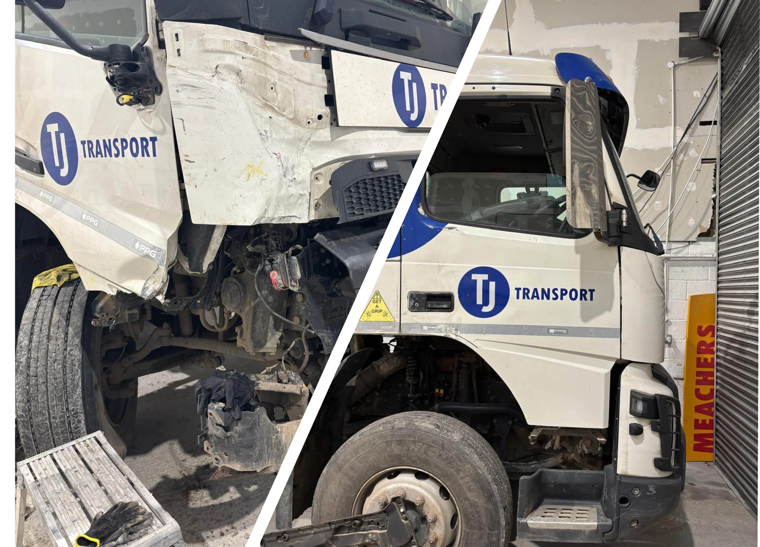 Comparison of a damaged and an undamaged TJ Transport truck. The damaged truck on the left shows significant front-end damage, missing parts, and dirt, while the undamaged truck on the right appears clean and intact.
