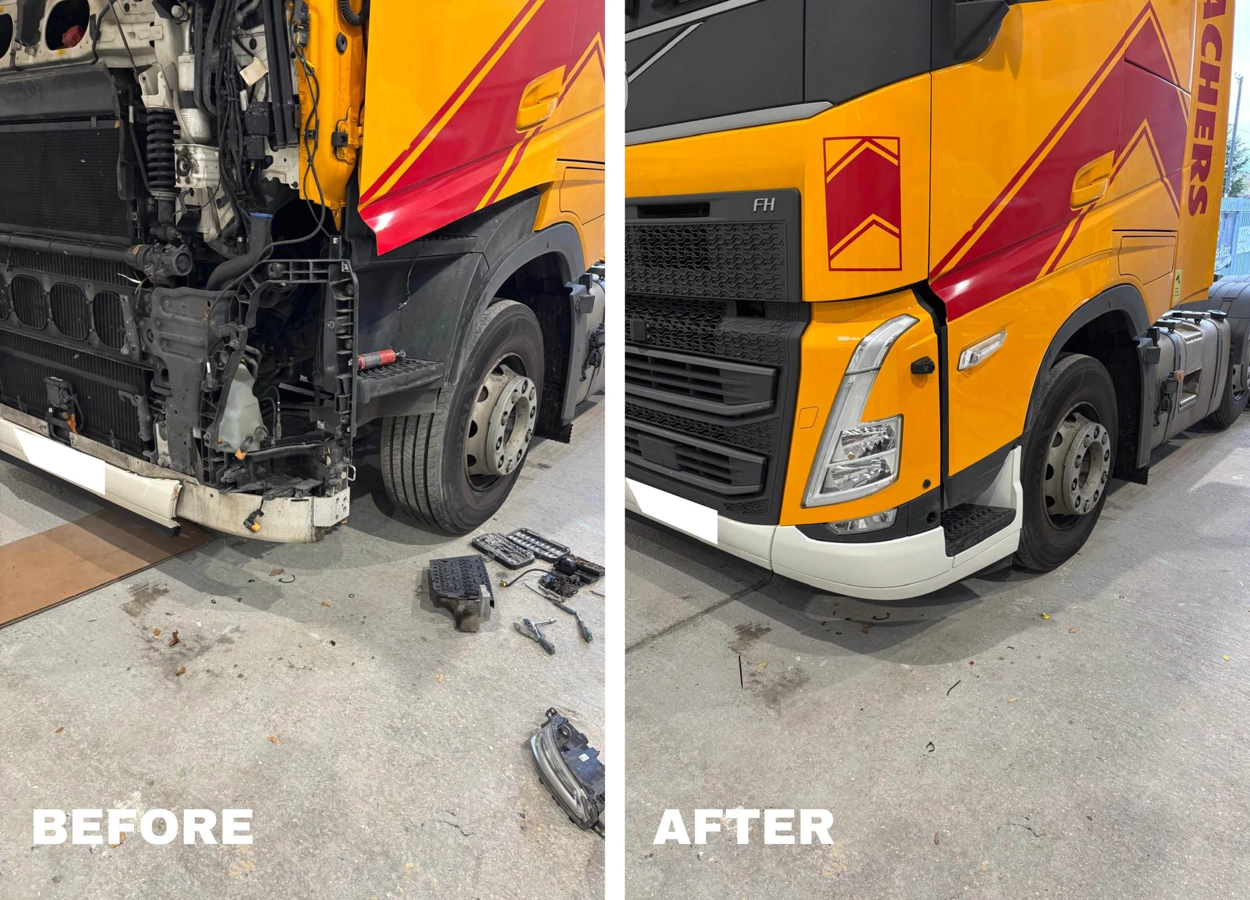 Side-by-side comparison of a truck before and after repair. The "before" shows a partially disassembled truck with exposed engine components and tools on the ground. The "after" displays the same truck fully assembled and painted in yellow and orange
