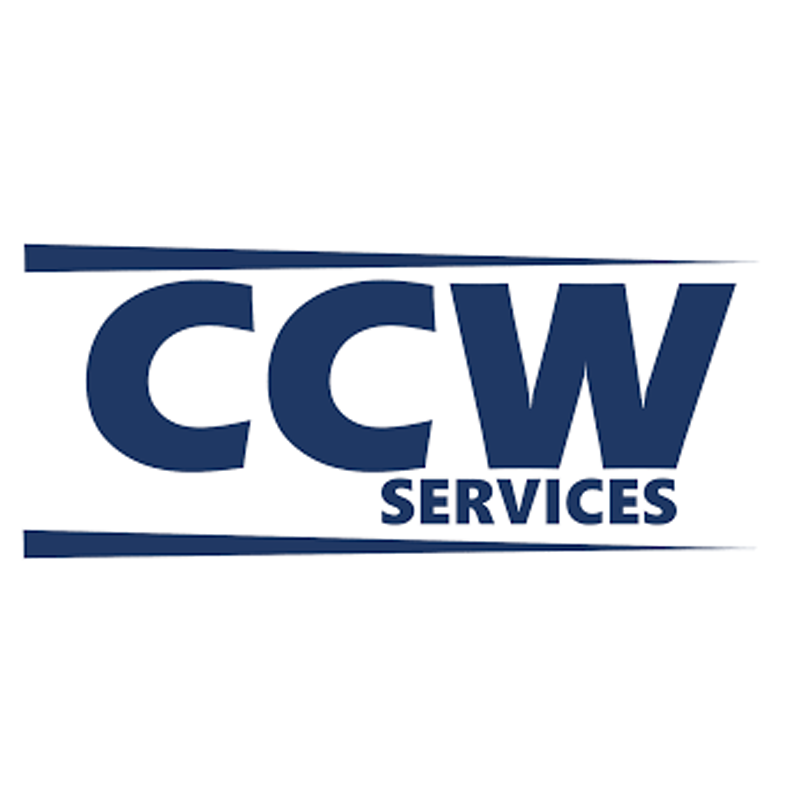 Logo for CCW Services in dark blue text with a line above and below, on a white background.