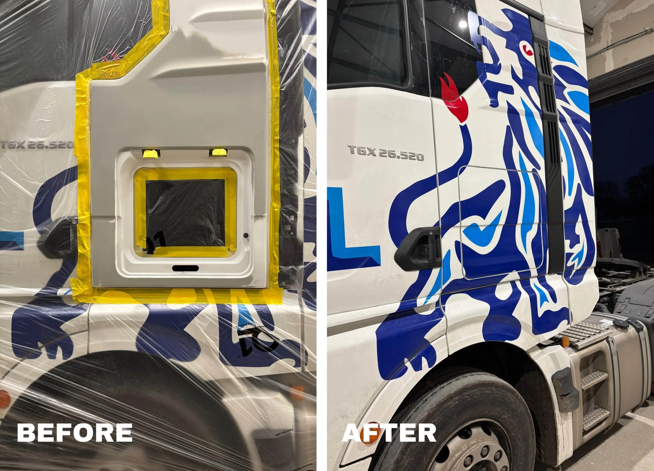 Comparison of a truck before and after it has been wrapped. The 'before' side shows the truck with a partly removed decal and masking tape around the cabin window. The 'after' side shows the truck with a new blue and white lion graphic wrap, complete