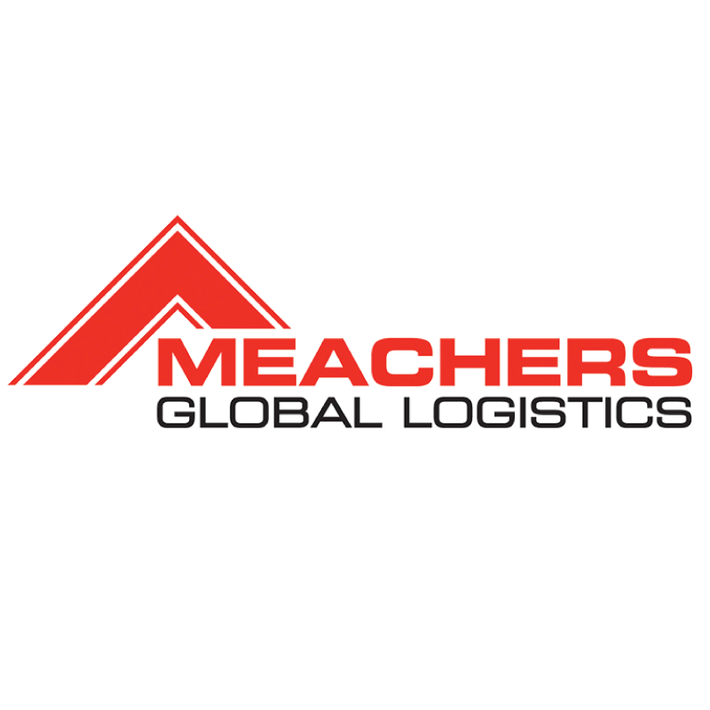 Logo for Meachers Global Logistics featuring an abstract red triangle design and the company name in red and black text.