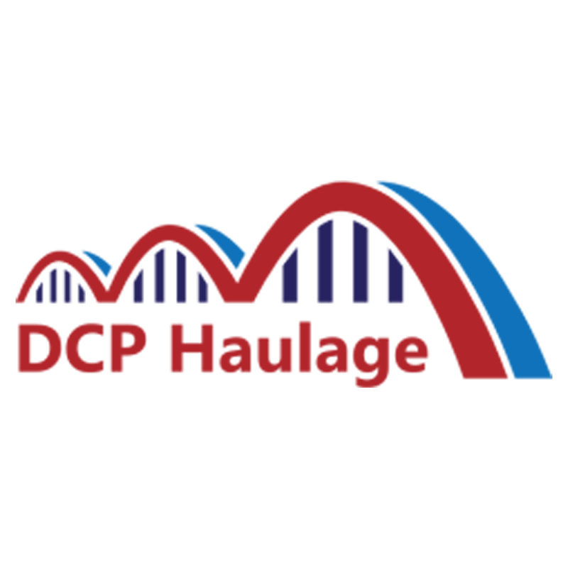 Logo with red, blue, and white colors featuring a stylized bridge or roller coaster with the text 'DCP Haulage' beneath it.