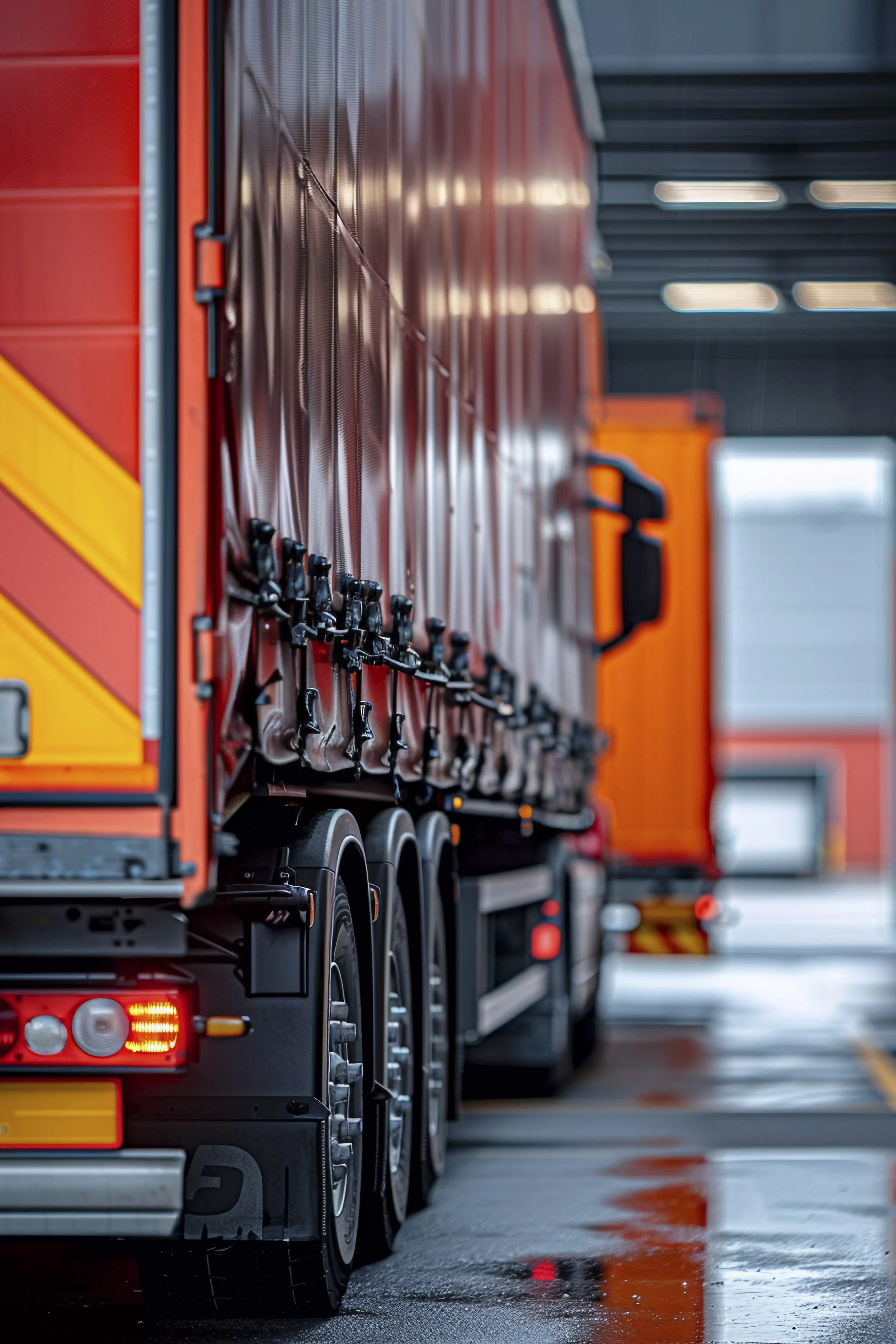 A large orange truck parked inside a loading bay, with reflection on the wet floor.