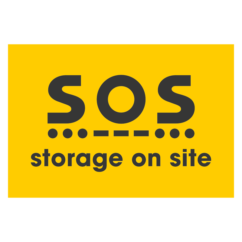 Yellow sign with black text reading "SOS storage on site" and an emergency phone number.
