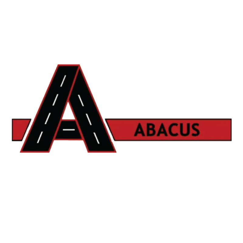 A stylized letter A with a black road pattern and white dashed lines, next to a red rectangle with the word 'ABACUS' in black letters, and horizontal colored bands in beige, yellow, and green.
